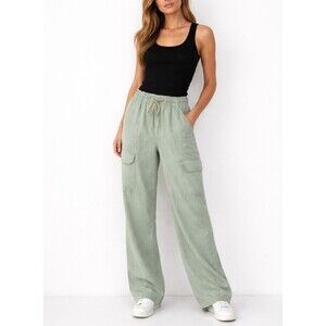 Linen Pull oN Pale Aqua Cargo Pants Size S Waist 26-30 Wide Leg Resort Old Money